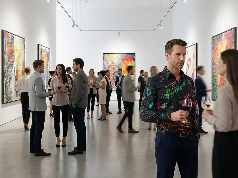 Vernissage – Art evening at a gallery/museum, with the GERMENS RINGELKRINGEL shirt adding a creative touch.