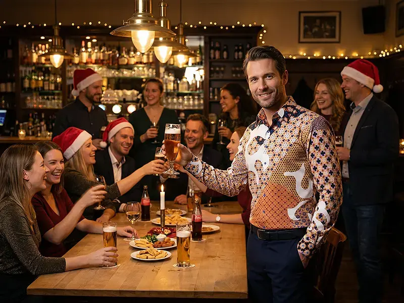 Christmas party – festive atmosphere, the GERMENS SOL ORIENS shirt adds color without looking overdressed.