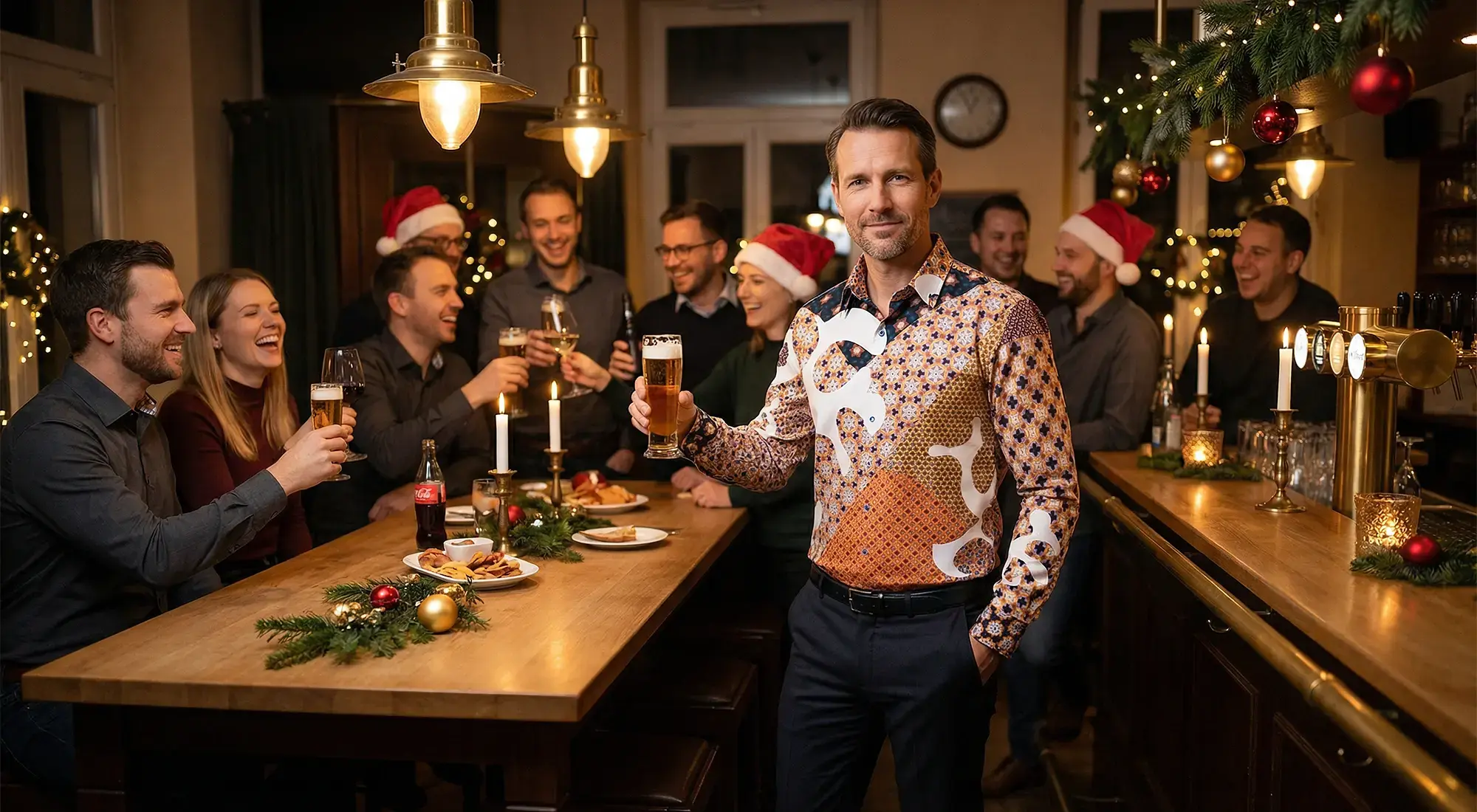 During a Christmas party, a man drinks a beer and wears the SOL ORIENS shirt.