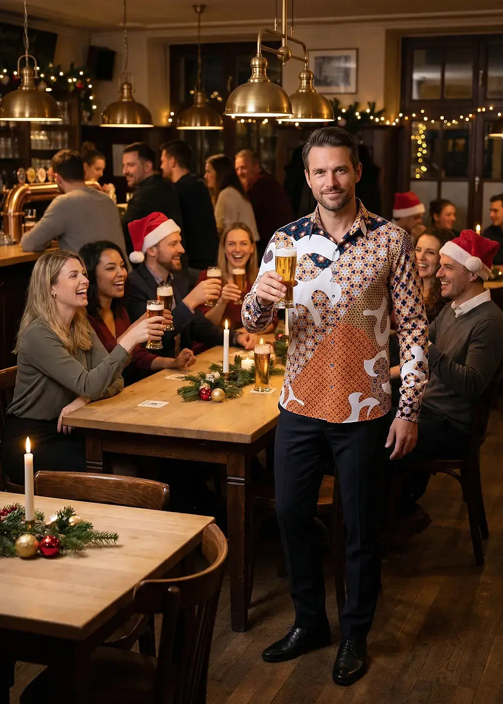 During a Christmas party, a man drinks a beer and wears the SOL ORIENS shirt.