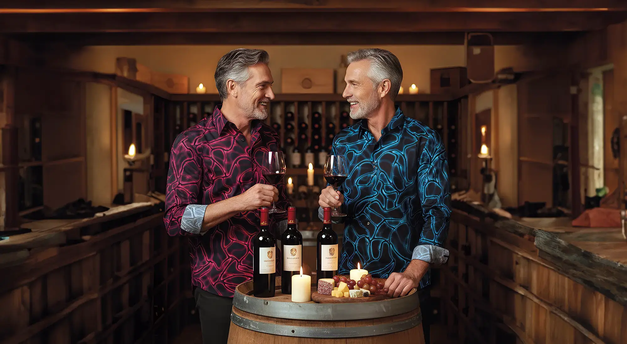 Two elderly gentlemen are standing in the wine cellar, chatting over a wine tasting. The men are wearing NETWORK DELPHI and NETWORK MIRAKEL shirts.