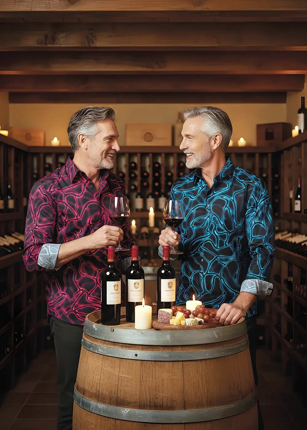 Two elderly gentlemen are standing in the wine cellar, chatting over a wine tasting. The men are wearing NETWORK DELPHI and NETWORK MIRAKEL shirts.