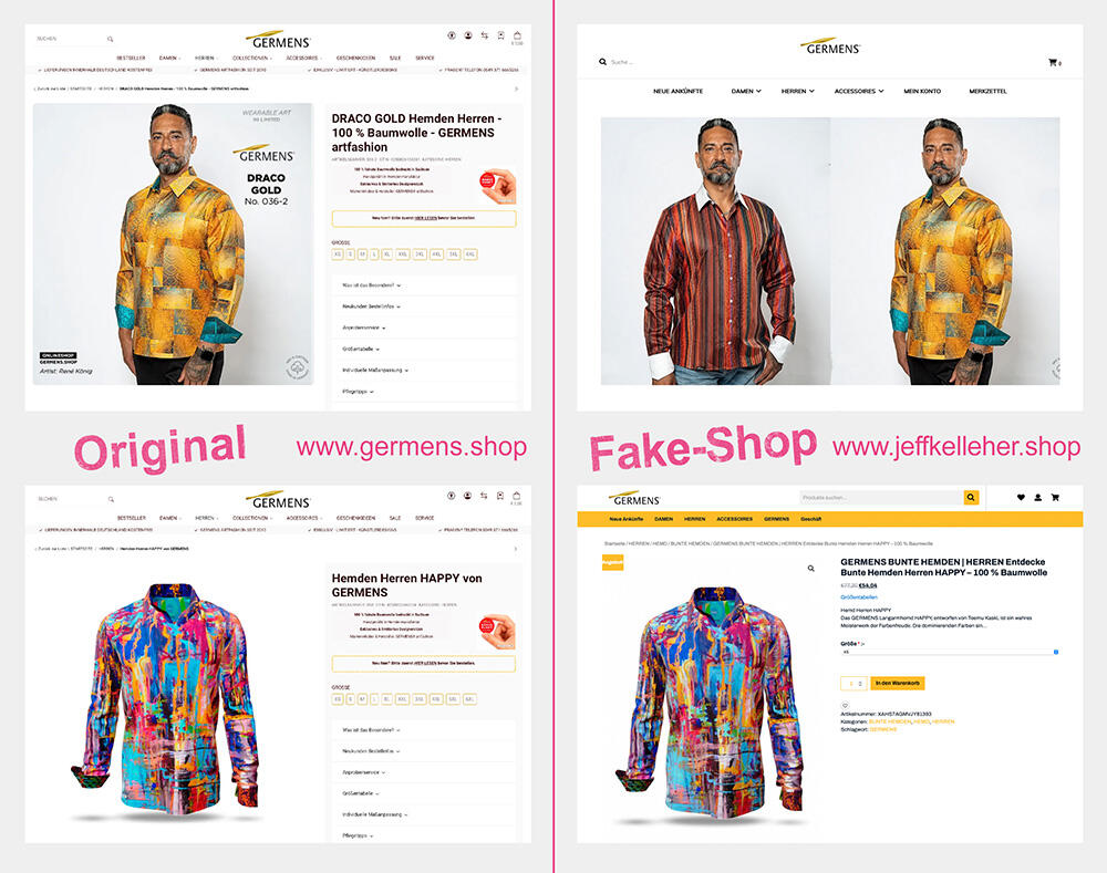Gegenüberstellung Original und Fakeshop GERMENS artfashion - Plagiarius 2026