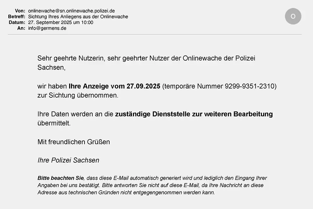 eMail von Onlinewache Polizei Sachsen
