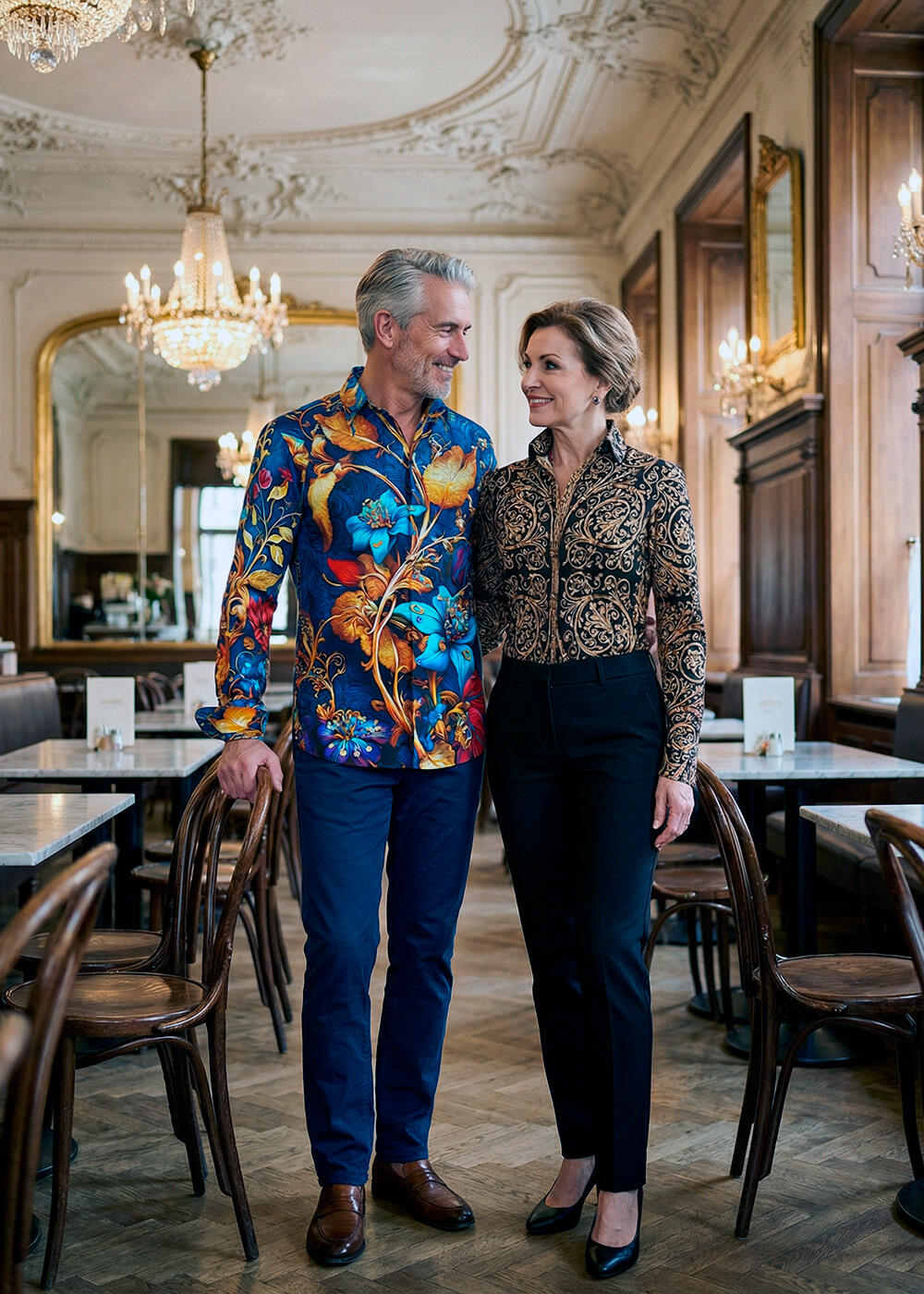 Der Mann trägt das GERMENS Hemd ROYAL BOTANY und die Frau trägt die GERMENS Bluse PORTE NOTRE DAME PARIS