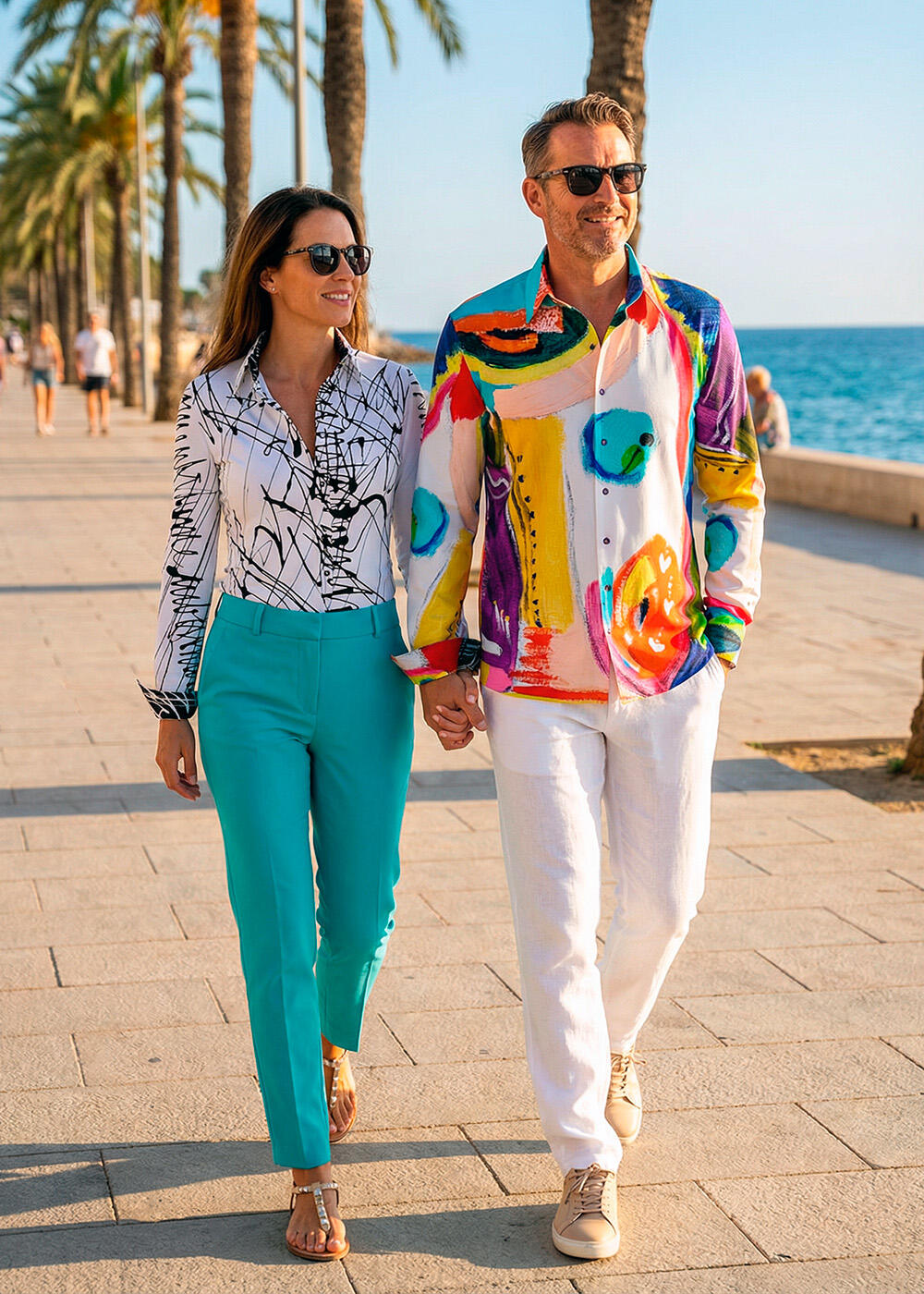 Frau trägt GERMENS Damenbluse DENADA WHITE und ihr Partner trägt das GERMENS Hemd PICNIC