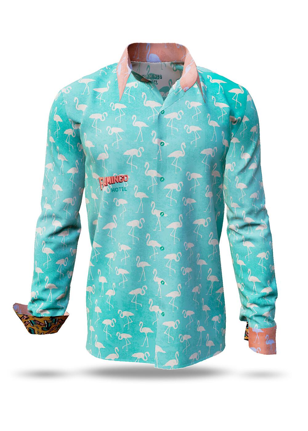 FLAMINGO HOTEL 2 - Turquoise shirt with coloured back...