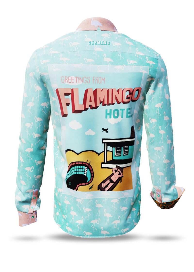 FLAMINGO HOTEL 2 - Turquoise shirt with coloured back...