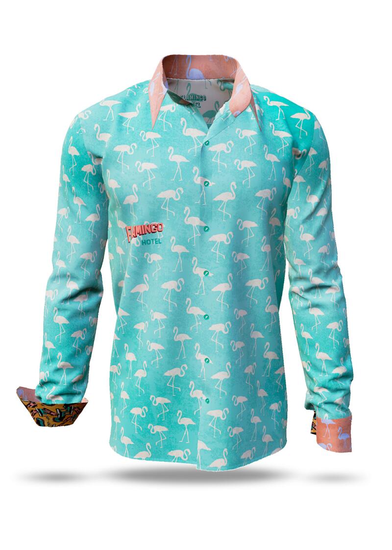 FLAMINGO HOTEL 2 - Turquoise shirt with coloured back graphic - GERMENS