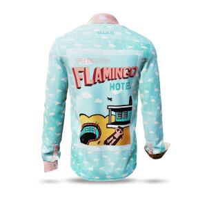 FLAMINGO HOTEL 2 - Turquoise shirt with coloured back...