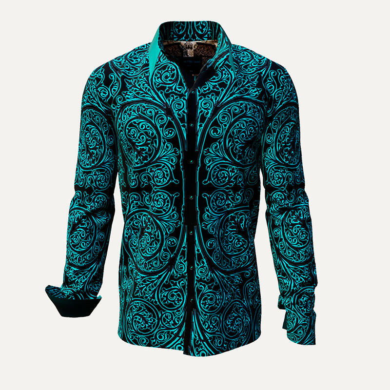 PORTE NOTRE DAME PARIS BRILLANT - Dark shirt with luminous turquoise ornaments - GERMENS