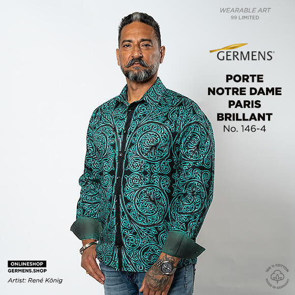PORTE NOTRE DAME PARIS BRILLANT - Dark shirt with luminous turquoise ornaments - GERMENS