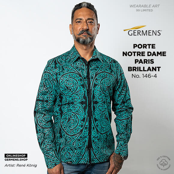 PORTE NOTRE DAME PARIS BRILLANT - Dunkles Hemd mit türkis-leuchtenden Ornamenten - GERMENS