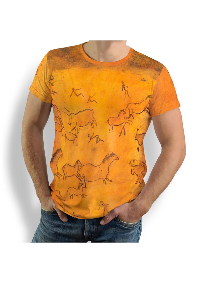 Discover orange T-shirt mens CAVEMAN inspired by prehistoric animal depictions in the Lascaux cave - 100 % cotton