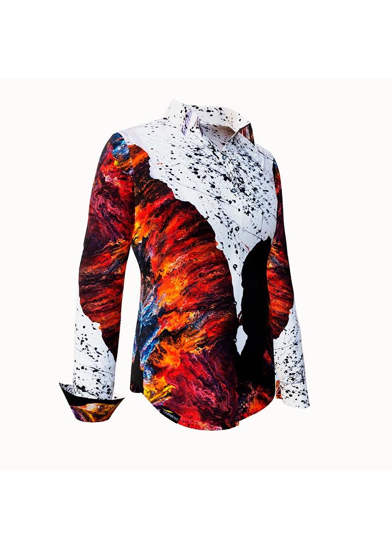 FIRE & ICE - Black white blouse with red - GERMENS - 100 % cotton - very good fit - artist design - 99 pieces limited - 6 sizes from XS - XXL - Made in Germany