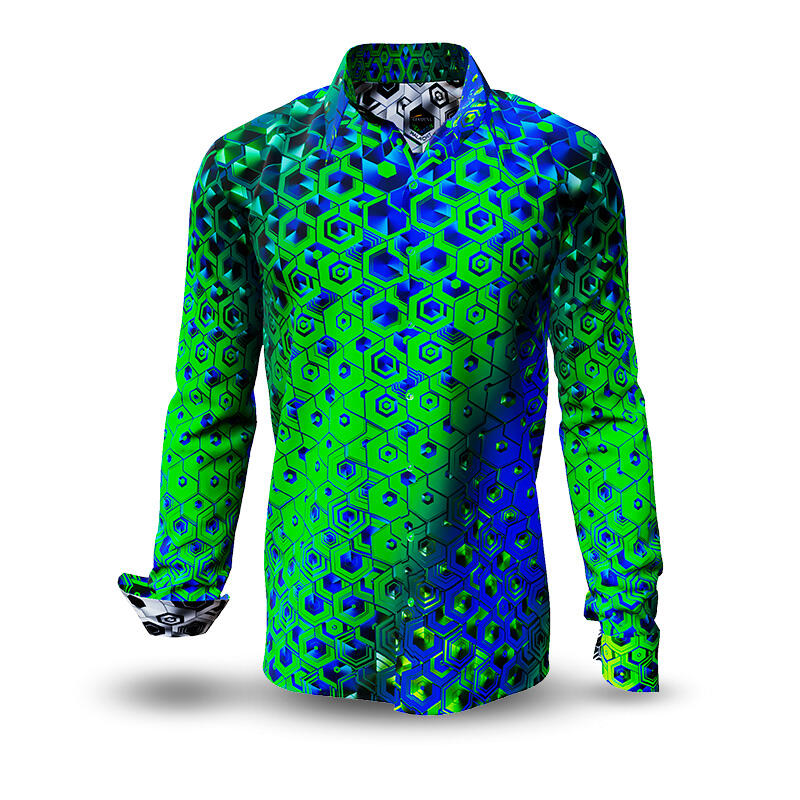 HEXAGON MALACHIT - Green blue patterned long sleeve shirt - GERMENS artfashion - Exceptional mens shirt - 100 % cotton - Made in Germany