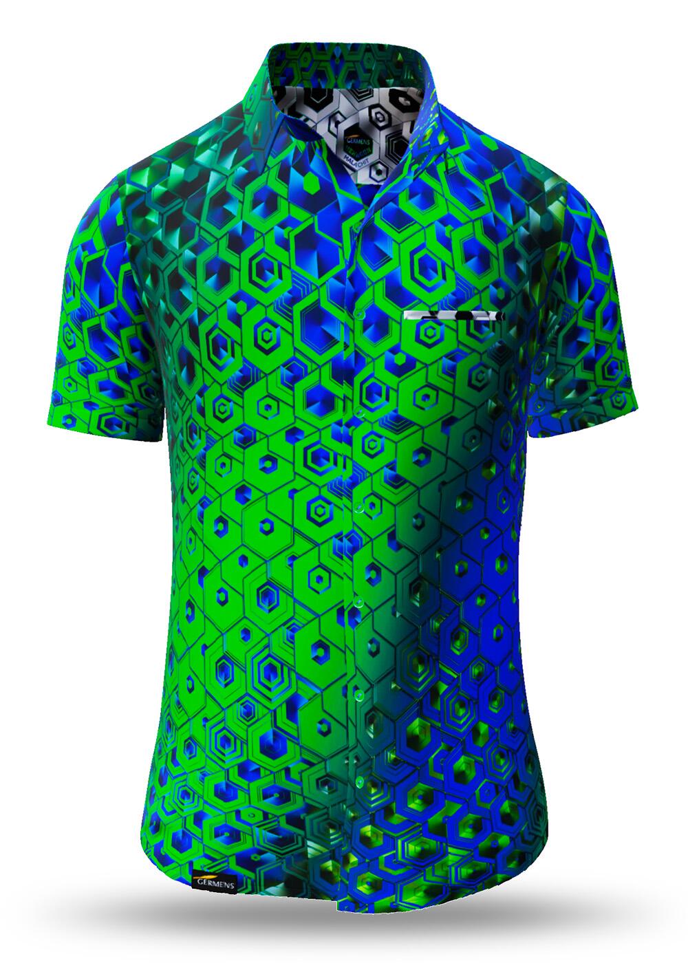 HEXAGON MALACHIT - Green blue patterned short sleeve...