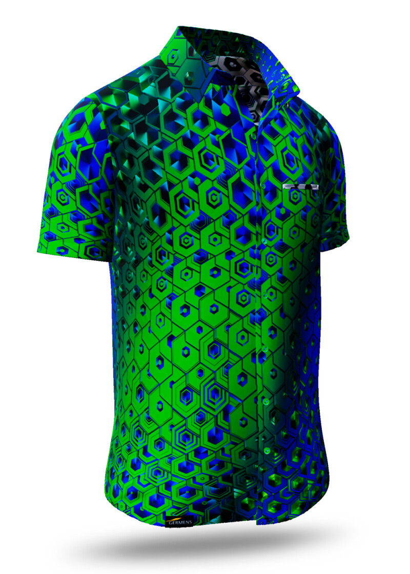 HEXAGON MALACHIT - Green short sleeve shirt with blue honeycomb structures - GERMENS