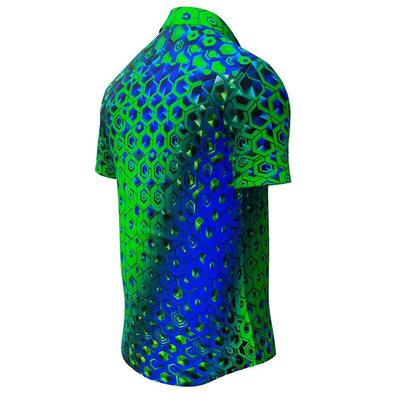 HEXAGON MALACHIT - Green short sleeve shirt with blue honeycomb structures - GERMENS