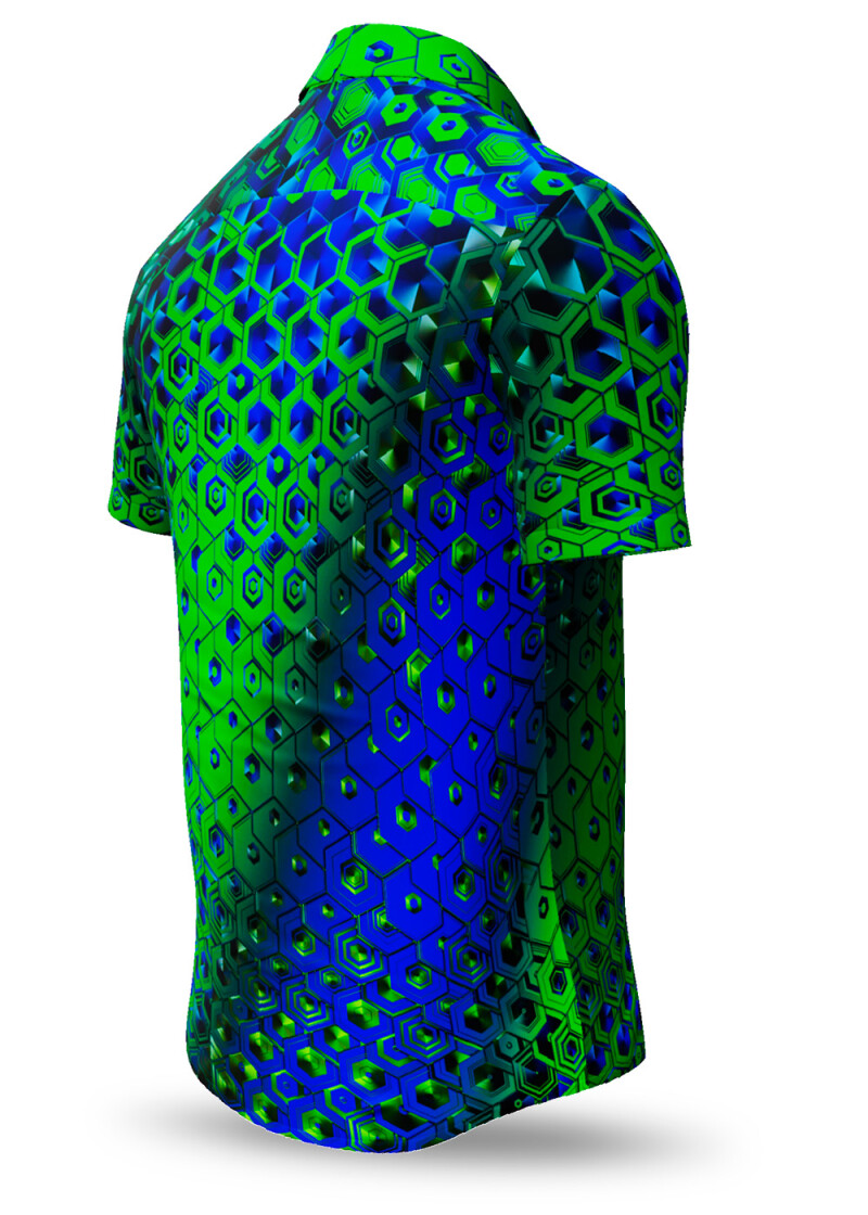 HEXAGON MALACHIT - Green short sleeve shirt with blue honeycomb structures - GERMENS
