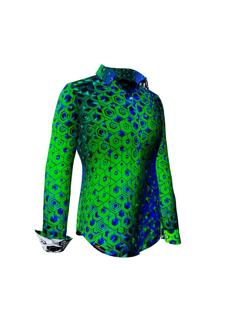 HEXAGON MALACHIT - Green Blue Patterned Blouse - GERMENS artfashion - 100 % cotton - very good fit - artist design - 99 pieces limited - 6 sizes from XS - XXL - Made in Germany