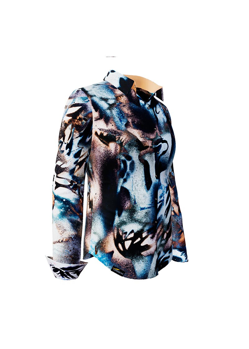 BRUSH - Beige blue ladies' blouse - GERMENS artfashion - 100 % cotton - very good fit - artist design - 99 pieces limited - 6 sizes from XS - XXL - Made in Germany