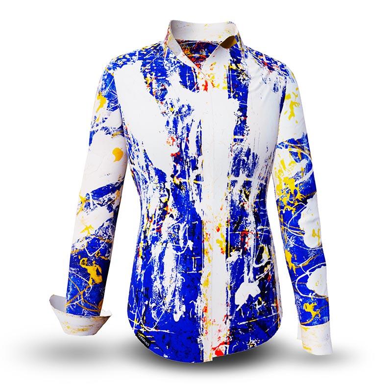 NOTIBANA - Blau-weiß-gelbe Bluse - GERMENS artfashion - 100 % Baumwolle - sehr gute Passform - Künstlerdesign - 99 Stück limitiert - 6 Größen von XS - XXL - Made in Germany