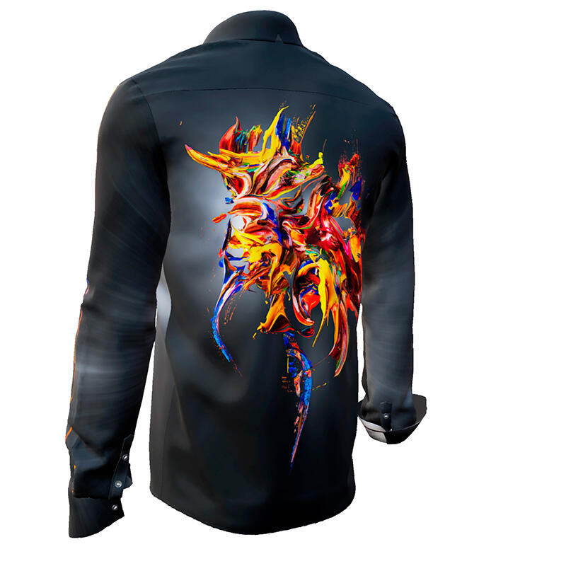 FLYING COLORS - dark long-sleeved shirt with multicoloured spot - GERMENS artfashion - Unusual long sleeve shirt in 10 sizes - Made in Germany