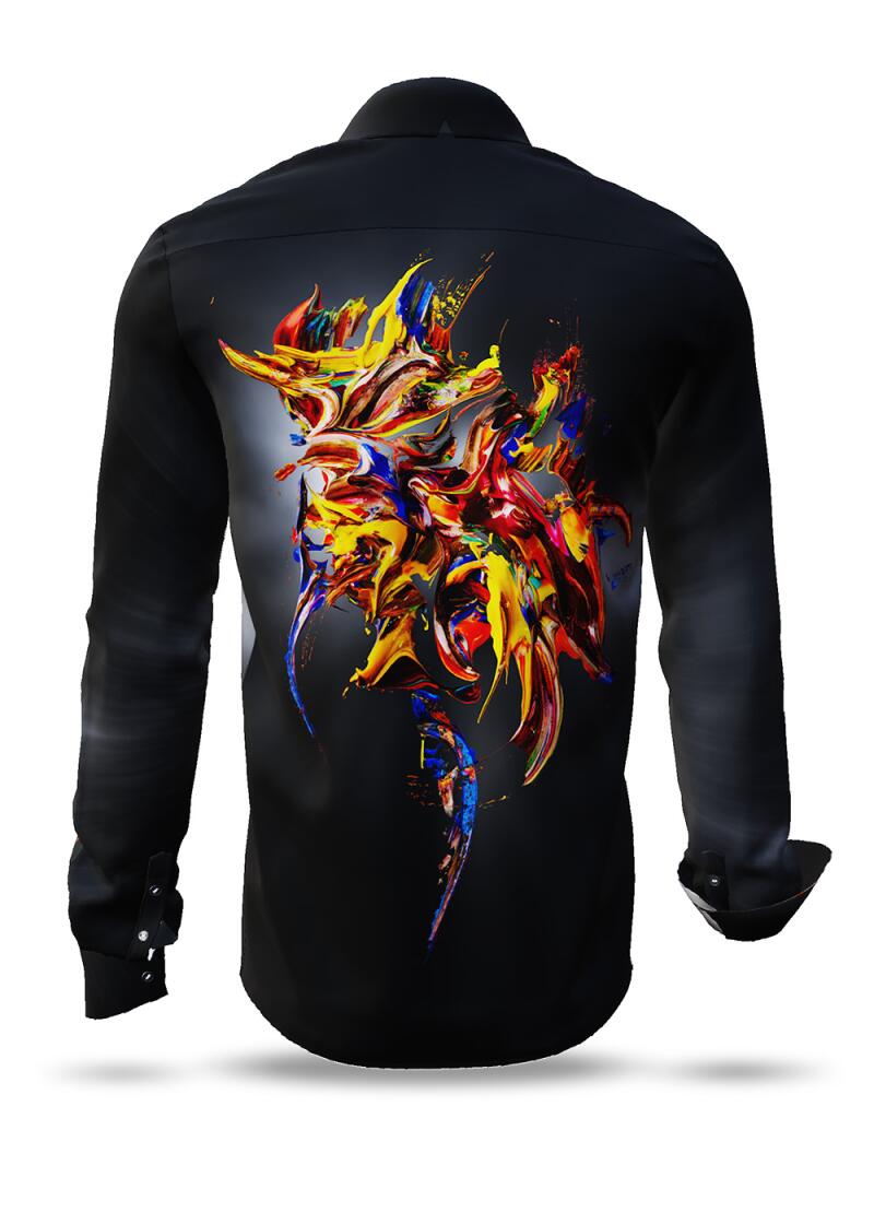 FLYING COLORS - dark long-sleeved shirt with multicoloured spot - GERMENS artfashion - Unusual long sleeve shirt in 10 sizes - Made in Germany