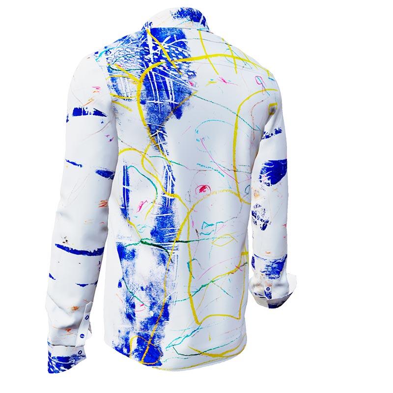 DRAGONFLY - white long sleeve shirt with blue yellow structures - GERMENS artfashion - Unusual long sleeve shirt in 10 sizes - Made in Germany
