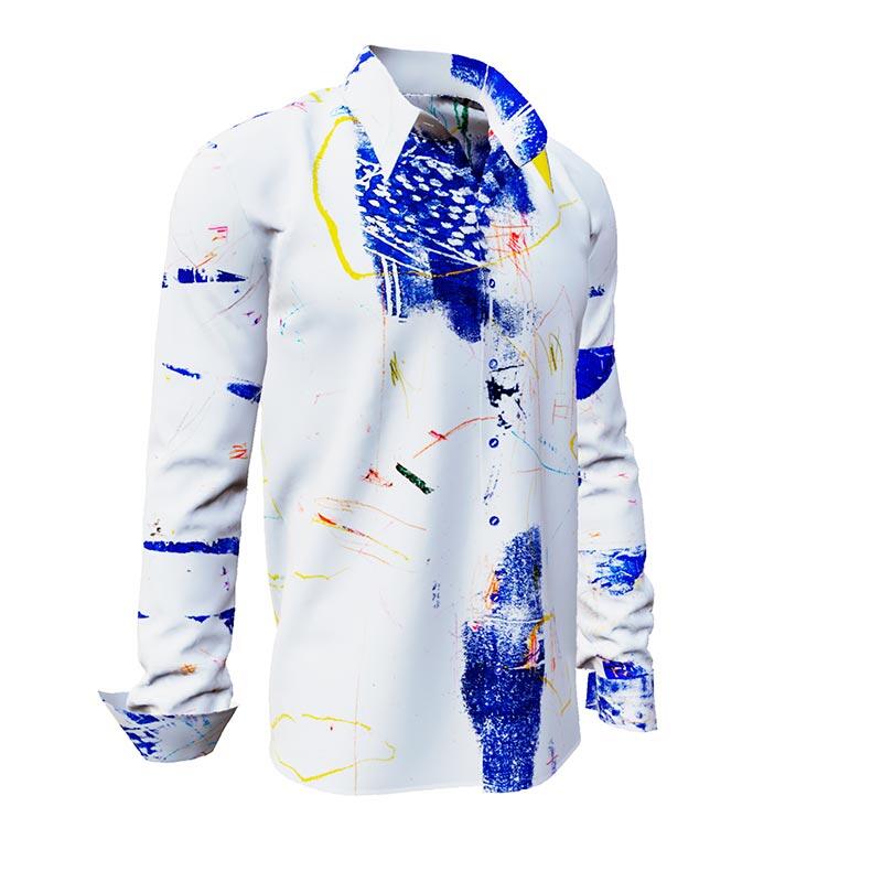 DRAGONFLY - white long sleeve shirt with blue yellow structures - GERMENS
