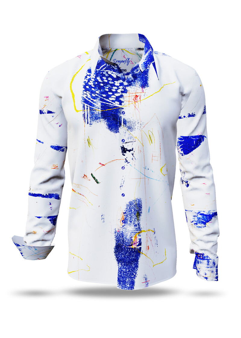 DRAGONFLY - white long sleeve shirt with blue yellow structures - GERMENS artfashion - Unusual long sleeve shirt in 10 sizes - Made in Germany