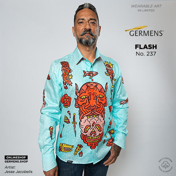 FLASH - Light blue long sleeve shirt with devil - GERMENS artfashion - Unusual long sleeve shirt in 10 sizes - Made in Germany