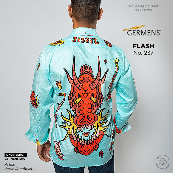 FLASH - Light blue long sleeve shirt with devil - GERMENS artfashion - Unusual long sleeve shirt in 10 sizes - Made in Germany