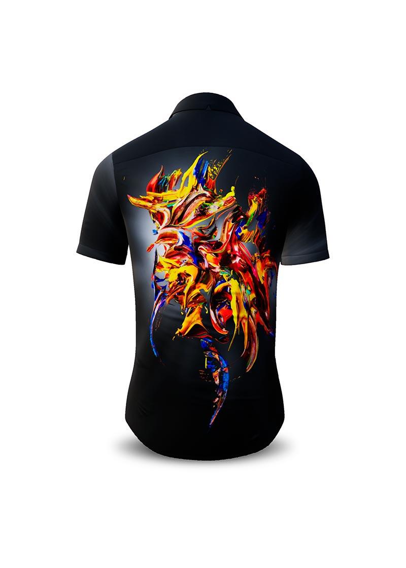 FLYING COLORS - dark short-sleeved shirt with multicoloured spot - GERMENS artfashion - Unusual long sleeve shirt in 10 sizes - Made in Germany