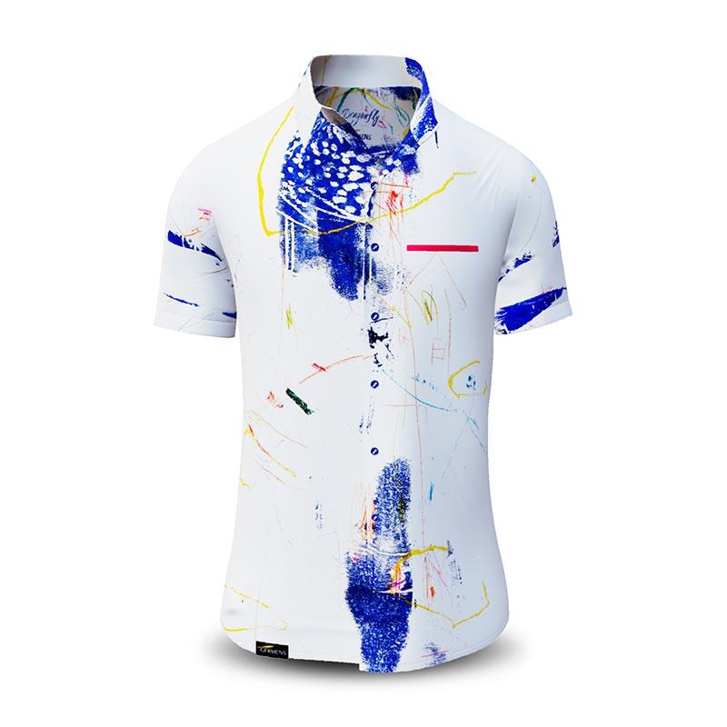 DRAGONFLY - weißes Kurzarmhemd mit blau gelben Strukturen - GERMENS artfashion - Außergewöhnliches Herrenhemd - 100 % Baumwolle - Made in Germany