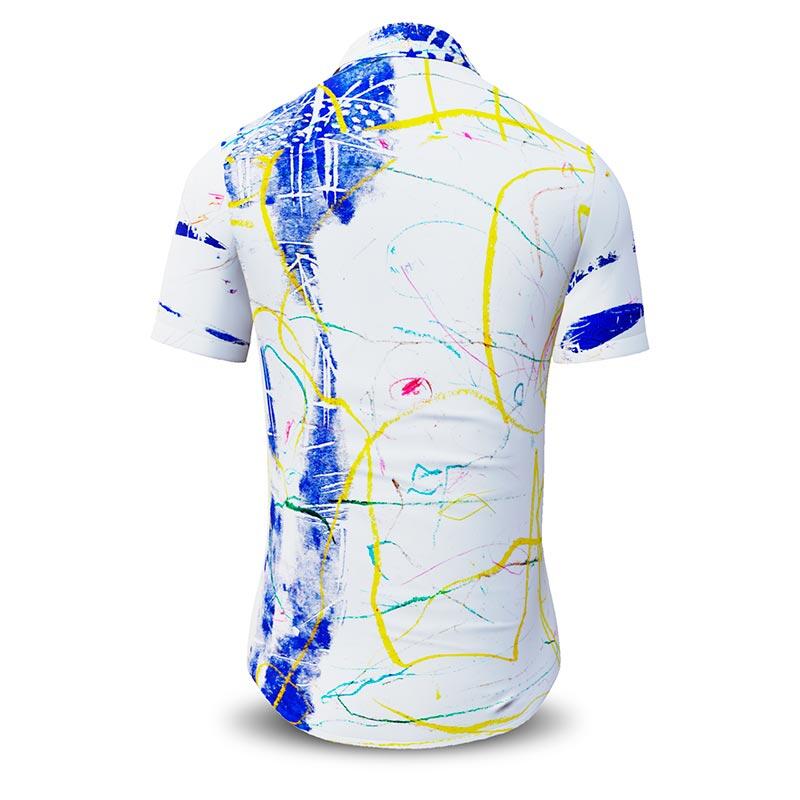 DRAGONFLY - white short sleeve shirt with blue yellow structures - GERMENS artfashion - Unusual long sleeve shirt in 10 sizes - Made in Germany