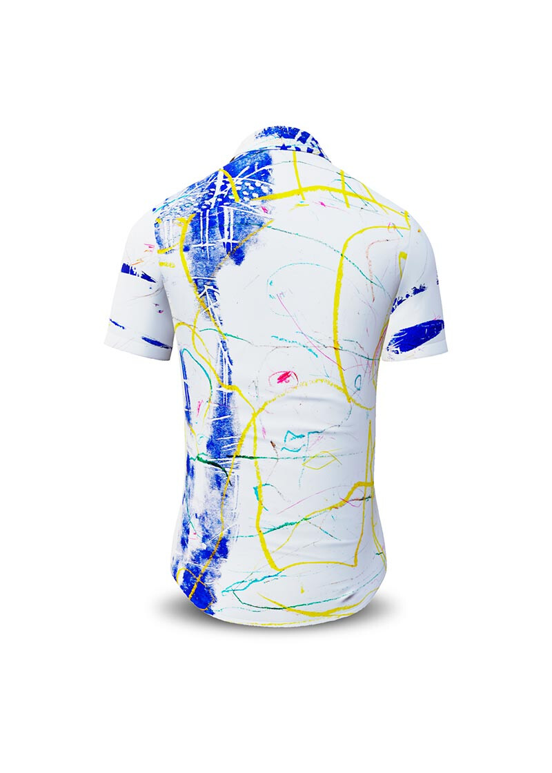 DRAGONFLY - white short sleeve shirt with blue yellow structures - GERMENS artfashion - Unusual long sleeve shirt in 10 sizes - Made in Germany