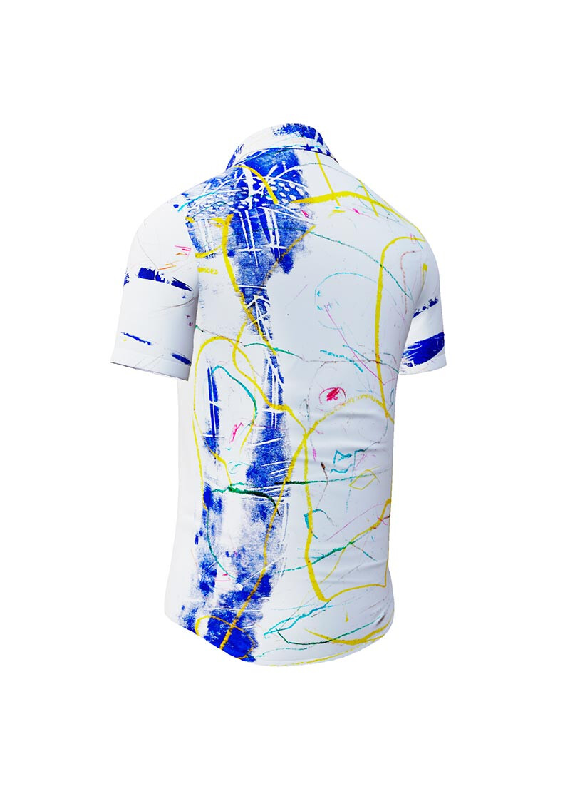 DRAGONFLY - white short sleeve shirt with blue yellow structures - GERMENS artfashion - Unusual long sleeve shirt in 10 sizes - Made in Germany