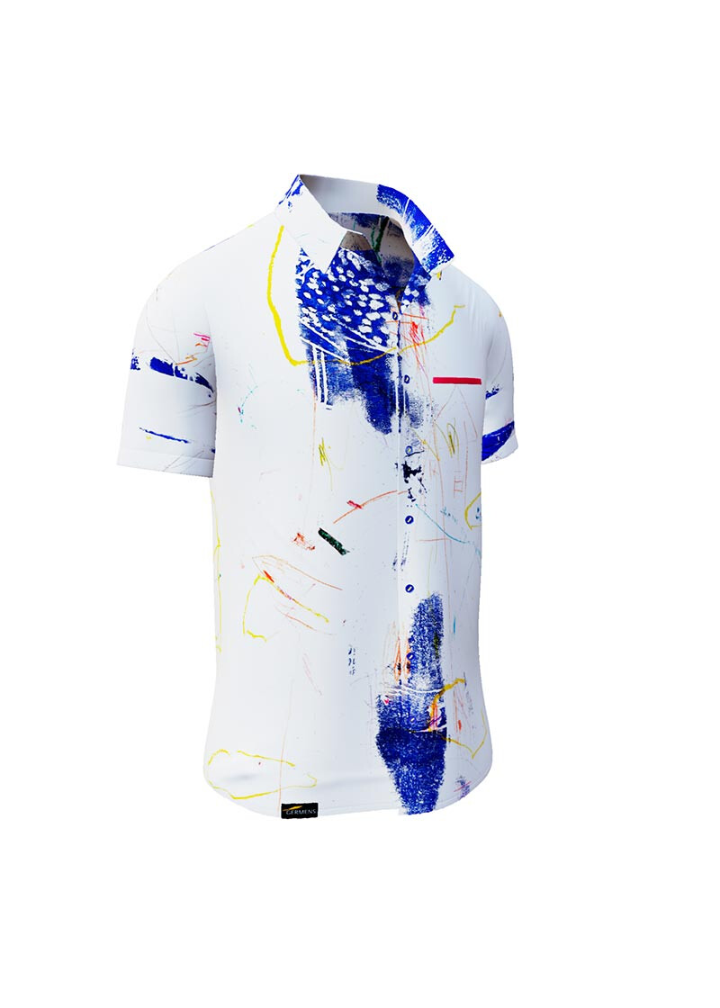 DRAGONFLY - white short sleeve shirt with blue yellow structures - GERMENS