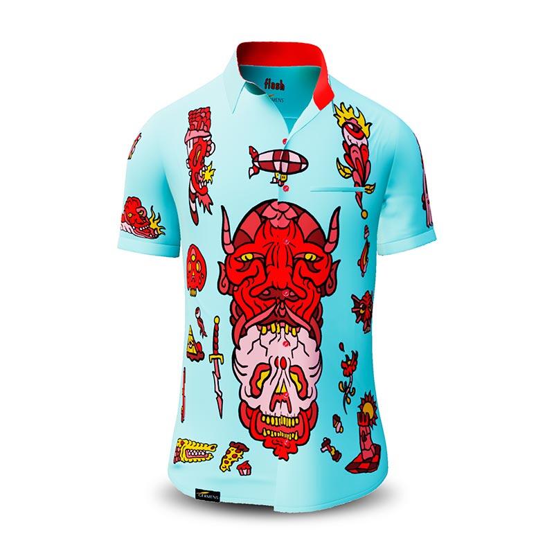 FLASH - blue short sleeve shirt with devil - GERMENS artfashion - Unusual long sleeve shirt in 10 sizes - Made in Germany