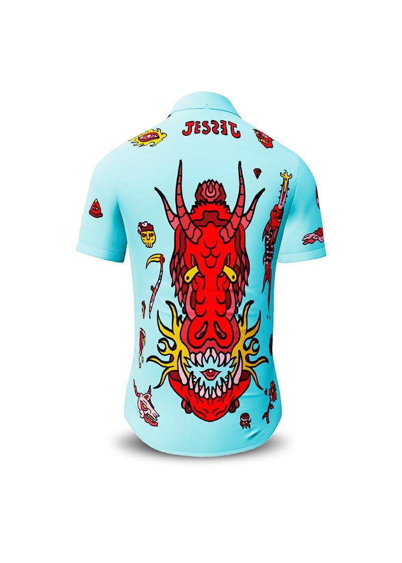 FLASH - blue short sleeve shirt with devil - GERMENS artfashion - Unusual long sleeve shirt in 10 sizes - Made in Germany
