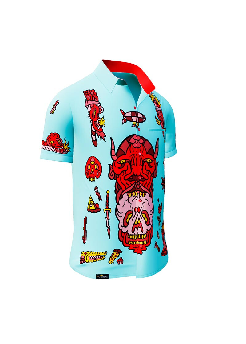 FLASH - blue short sleeve shirt with devil - GERMENS artfashion - Unusual long sleeve shirt in 10 sizes - Made in Germany