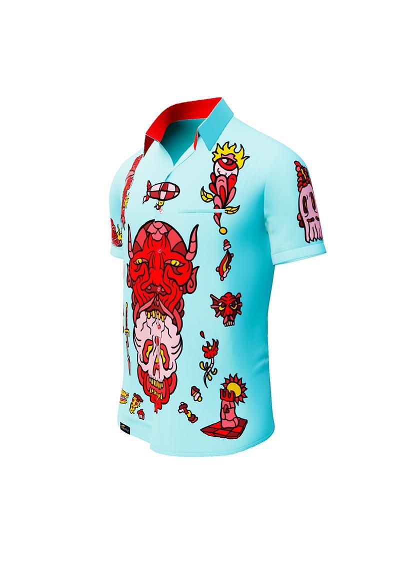 FLASH - blue short sleeve shirt with devil - GERMENS