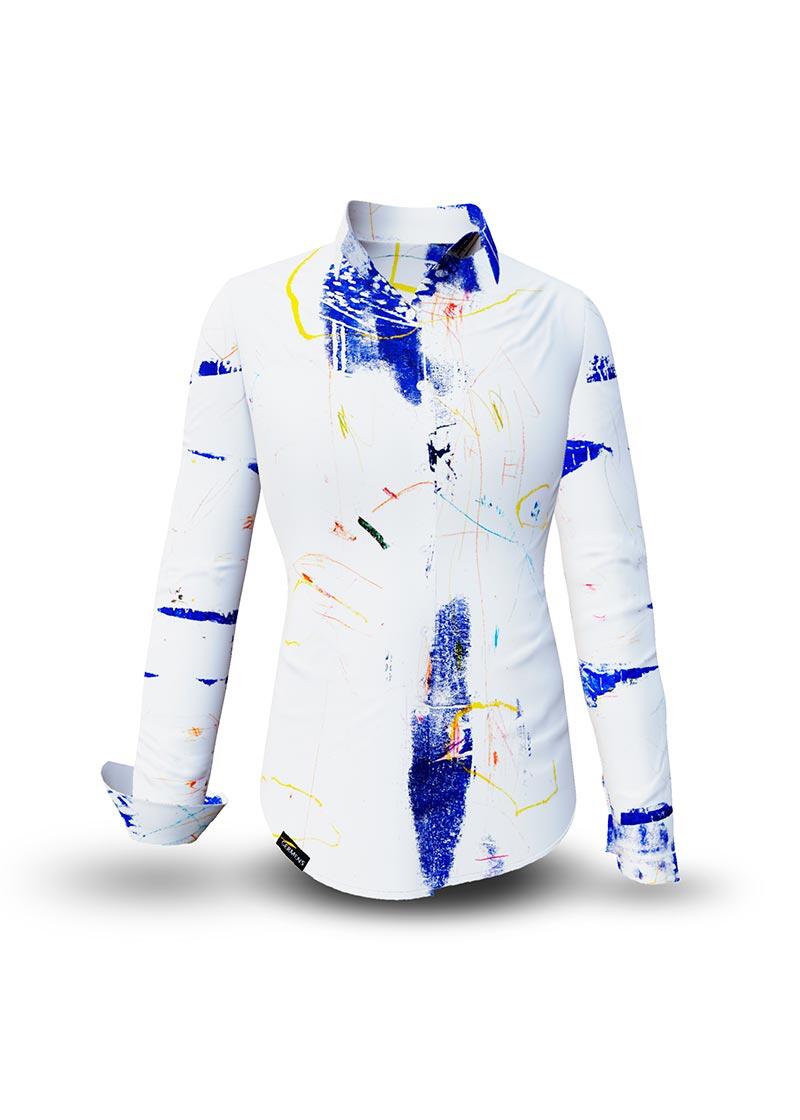 DRAGONFLY - weiße Bluse mit Blau und Gelb - GERMENS artfashion - 100 % Baumwolle - sehr gute Passform - Künstlerdesign - 99 Stück limitiert - 6 Größen von XS - XXL - Made in Germany