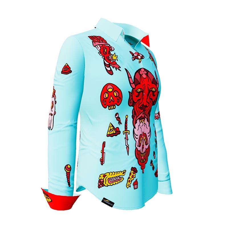 FLASH - Light blue blouse with devil - GERMENS artfashion - 100 % cotton - very good fit - artist design - 99 pieces limited - 6 sizes from XS - XXL - Made in Germany