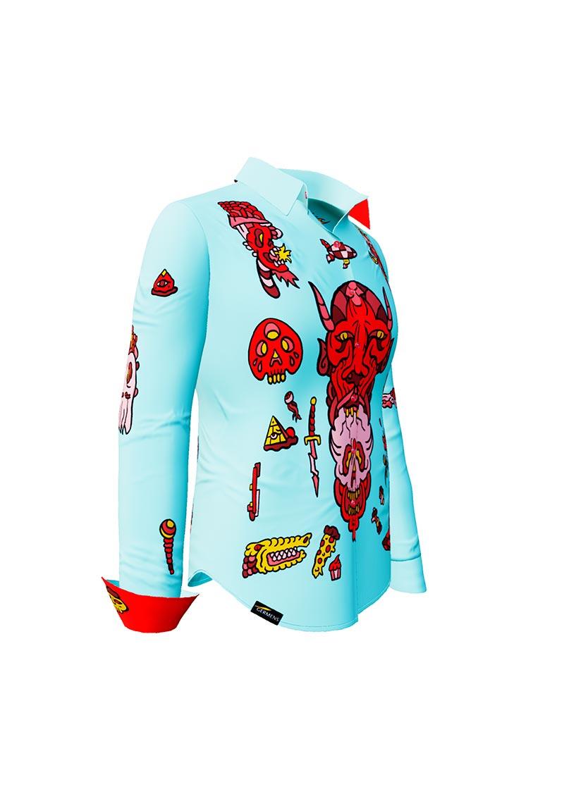 FLASH - Light blue blouse with devil - GERMENS artfashion - 100 % cotton - very good fit - artist design - 99 pieces limited - 6 sizes from XS - XXL - Made in Germany