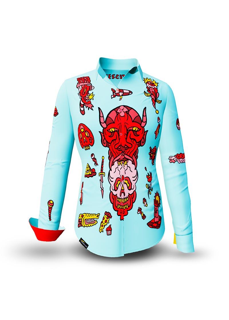 FLASH - Light blue blouse with devil - GERMENS artfashion - 100 % cotton - very good fit - artist design - 99 pieces limited - 6 sizes from XS - XXL - Made in Germany