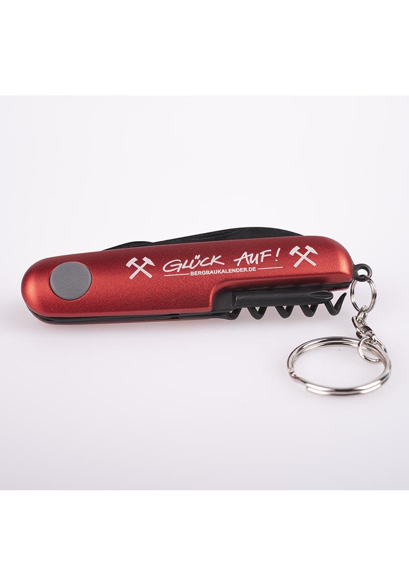 hochwertiges rotes Multifunktions-Taschenmesser - Glück Auf! - Bergbau - Schlägel & Eisen - rotes Kunststoffgehäuse mit schwarzen Metallteilen wie Messer, Schraubendreher, Korkenzieher und Kapselheber