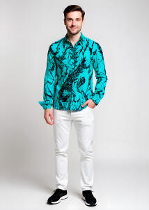 Entdecke bunte Hemden Herren DORNENPRINZ CYAN - 100 % BW